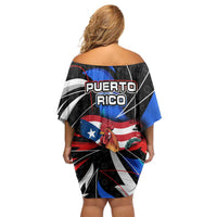 Puerto Rico Rooster Off Shoulder Short Dress with Flag Design and Tropical Hibiscus Flowers