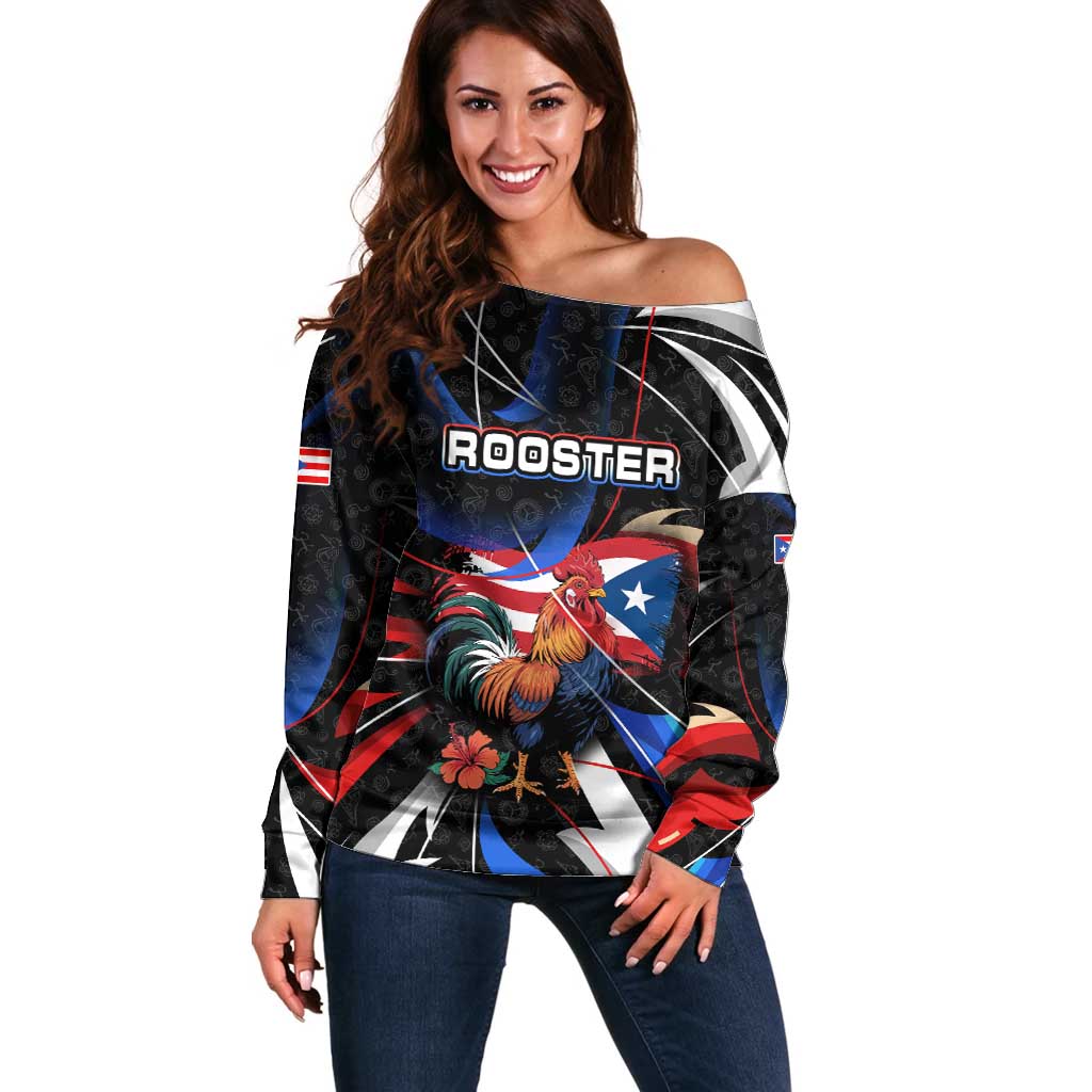 Puerto Rico Rooster Off Shoulder Sweater with Flag Design and Tropical Hibiscus Flowers