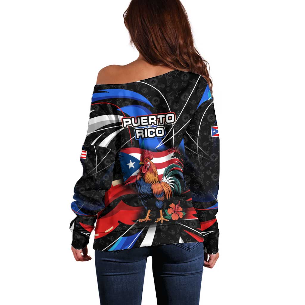 Puerto Rico Rooster Off Shoulder Sweater with Flag Design and Tropical Hibiscus Flowers