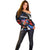 Puerto Rico Rooster Off Shoulder Sweater with Flag Design and Tropical Hibiscus Flowers