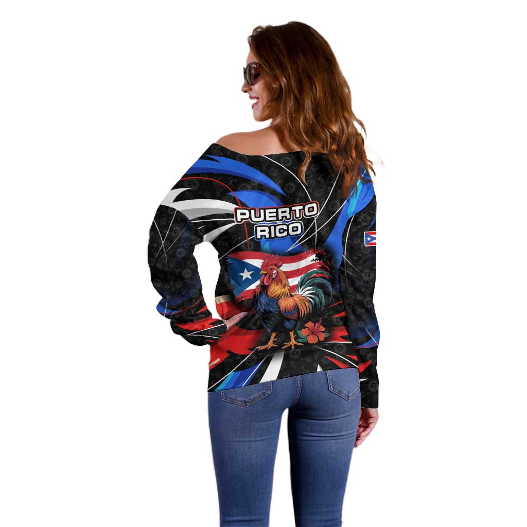 Puerto Rico Rooster Off Shoulder Sweater with Flag Design and Tropical Hibiscus Flowers