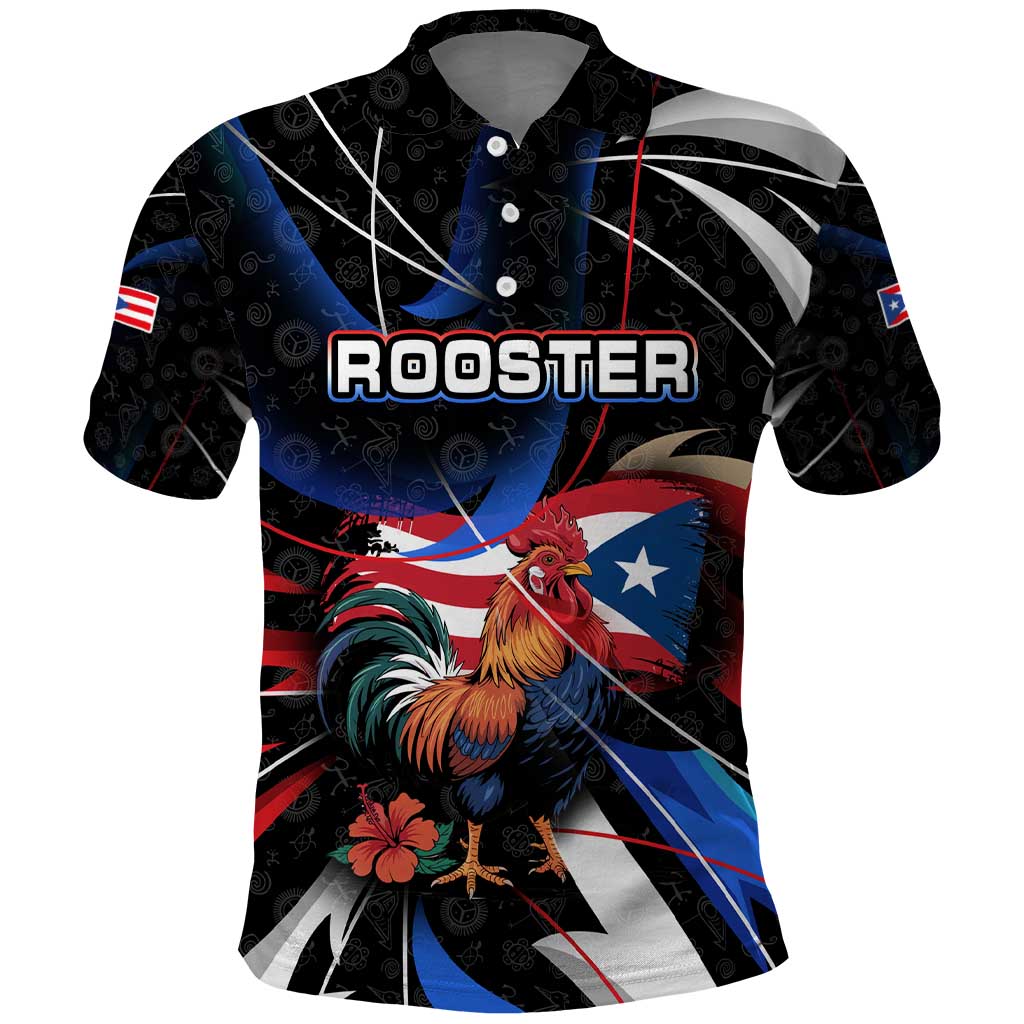 Puerto Rico Rooster Polo Shirt with Flag Design and Tropical Hibiscus Flowers