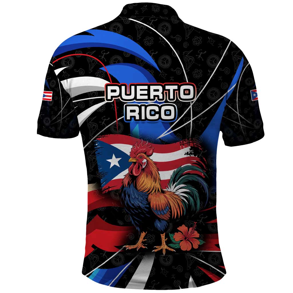 Puerto Rico Rooster Polo Shirt with Flag Design and Tropical Hibiscus Flowers