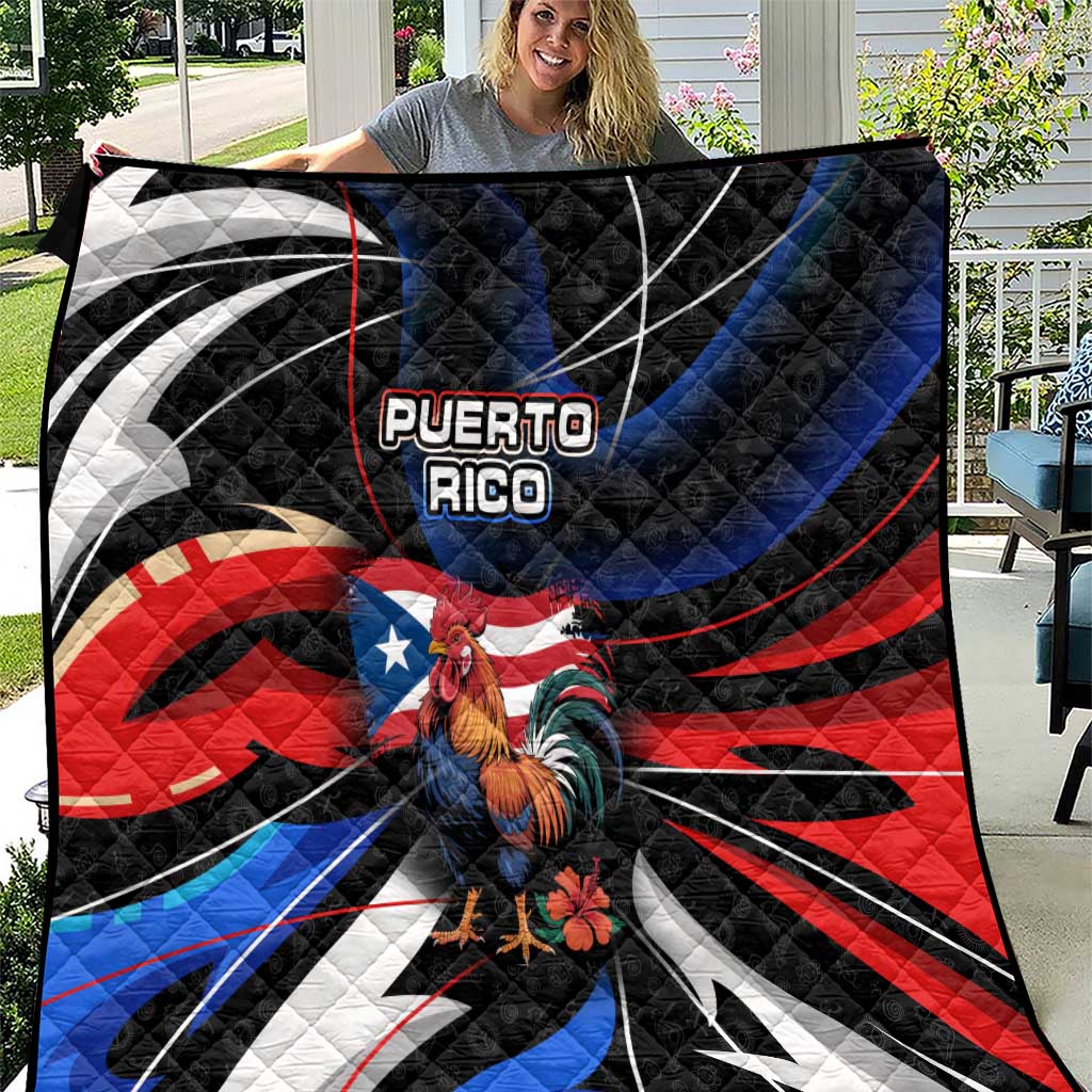 Puerto Rico Rooster Quilt with Flag Design and Tropical Hibiscus Flowers