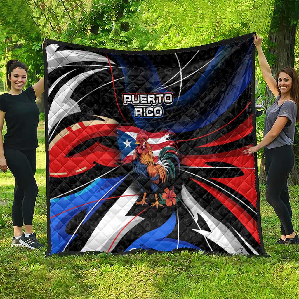 Puerto Rico Rooster Quilt with Flag Design and Tropical Hibiscus Flowers