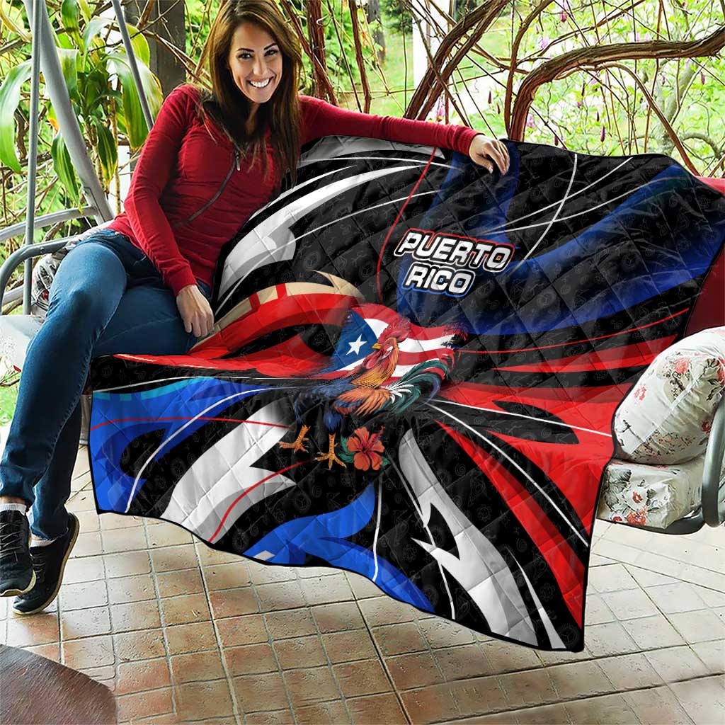 Puerto Rico Rooster Quilt with Flag Design and Tropical Hibiscus Flowers