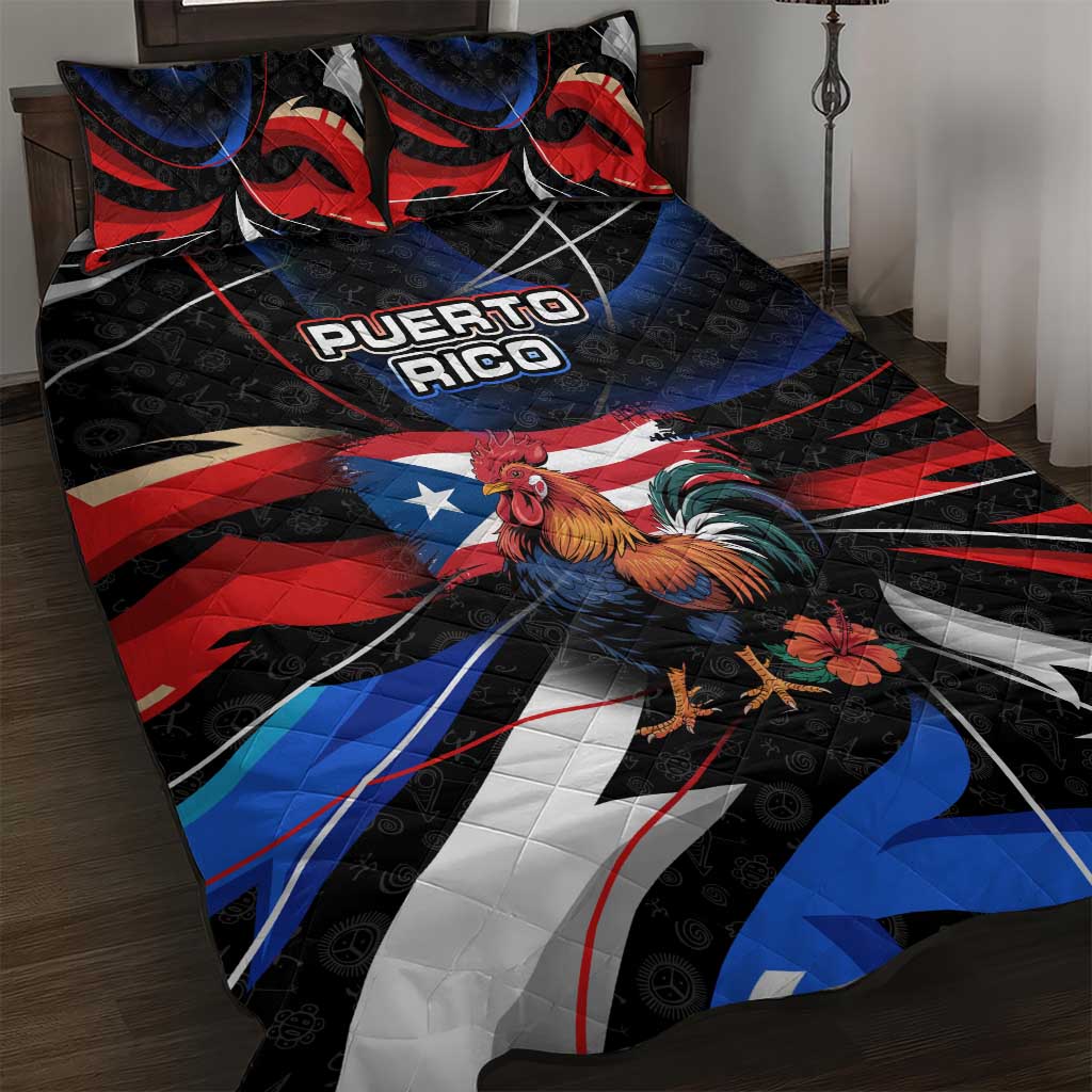 Puerto Rico Rooster Quilt Bed Set with Flag Design and Tropical Hibiscus Flowers