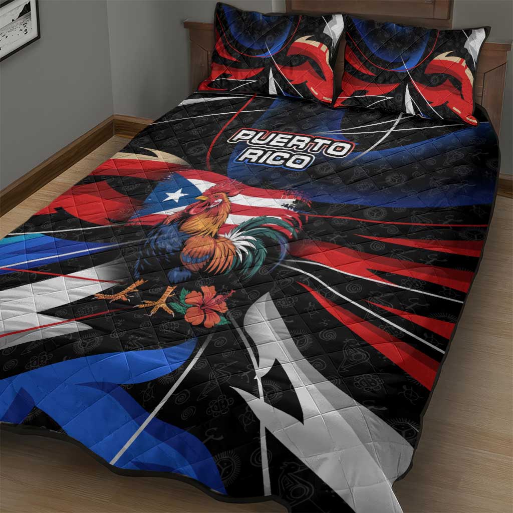 Puerto Rico Rooster Quilt Bed Set with Flag Design and Tropical Hibiscus Flowers
