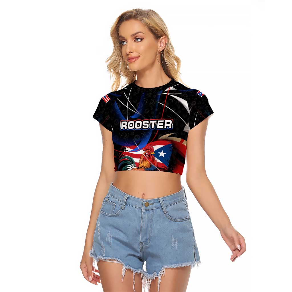 Puerto Rico Rooster Raglan Cropped T Shirt with Flag Design and Tropical Hibiscus Flowers