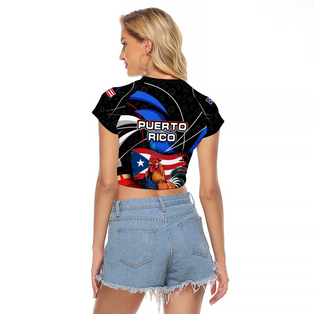 Puerto Rico Rooster Raglan Cropped T Shirt with Flag Design and Tropical Hibiscus Flowers