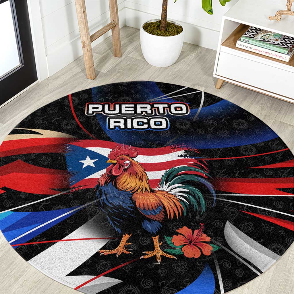 Puerto Rico Rooster Round Carpet with Flag Design and Tropical Hibiscus Flowers