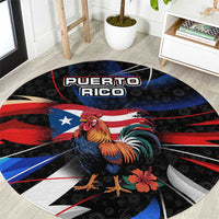 Puerto Rico Rooster Round Carpet with Flag Design and Tropical Hibiscus Flowers