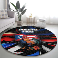 Puerto Rico Rooster Round Carpet with Flag Design and Tropical Hibiscus Flowers