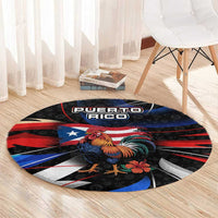 Puerto Rico Rooster Round Carpet with Flag Design and Tropical Hibiscus Flowers
