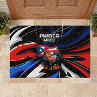 Puerto Rico Rooster Rubber Doormat with Flag Design and Tropical Hibiscus Flowers