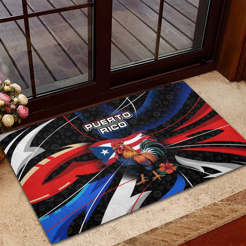 Puerto Rico Rooster Rubber Doormat with Flag Design and Tropical Hibiscus Flowers