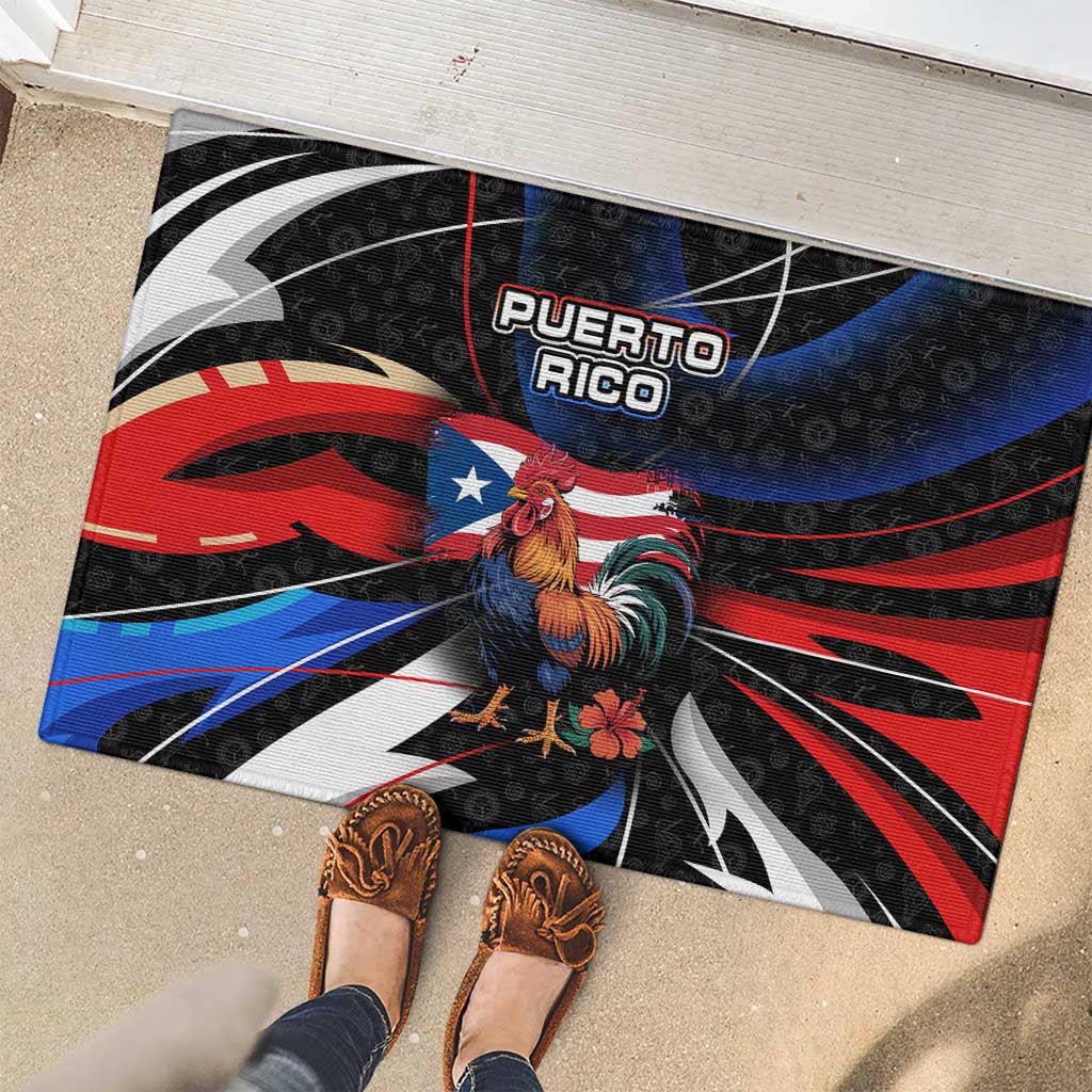 Puerto Rico Rooster Rubber Doormat with Flag Design and Tropical Hibiscus Flowers