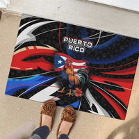 Puerto Rico Rooster Rubber Doormat with Flag Design and Tropical Hibiscus Flowers