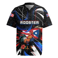 Puerto Rico Rooster Rugby Jersey with Flag Design and Tropical Hibiscus Flowers