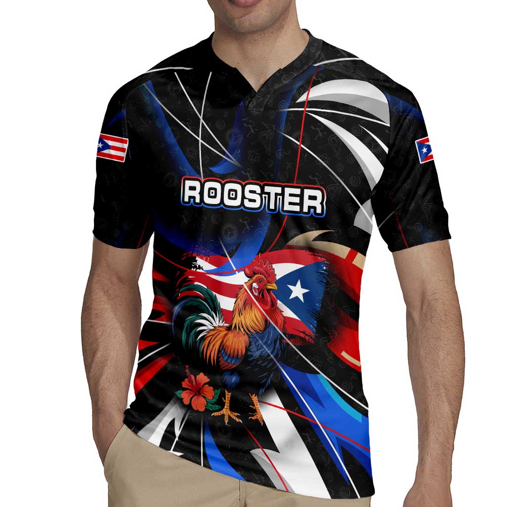 Puerto Rico Rooster Rugby Jersey with Flag Design and Tropical Hibiscus Flowers