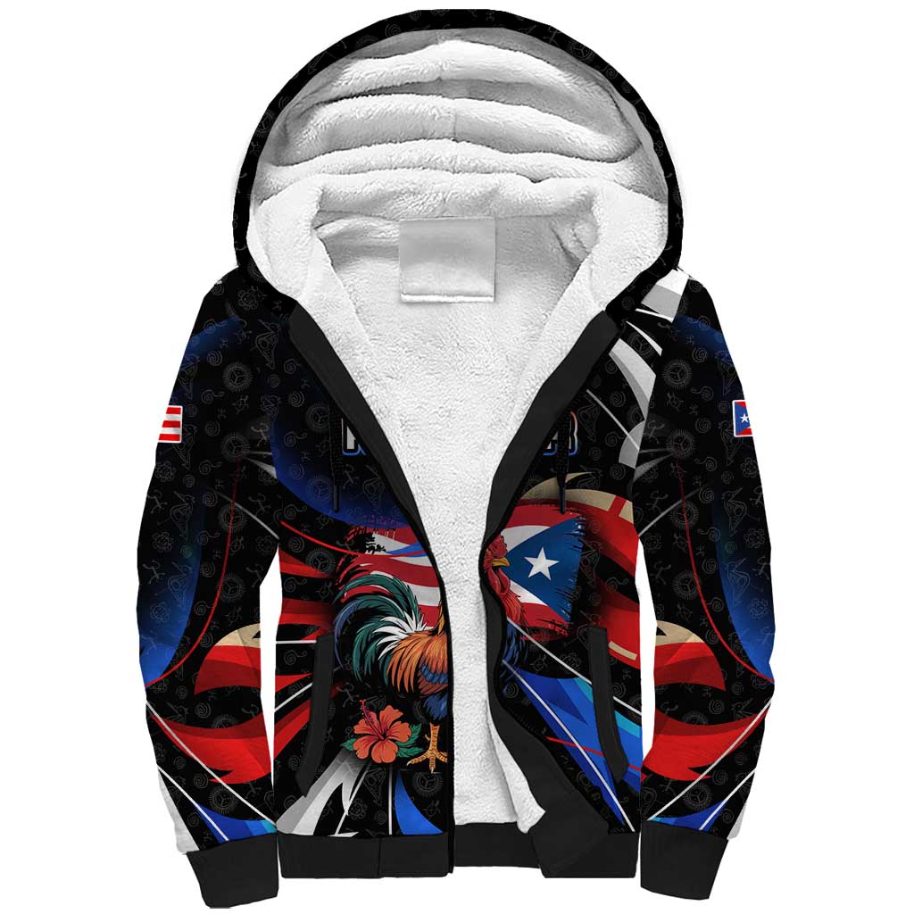 Puerto Rico Rooster Sherpa Hoodie with Flag Design and Tropical Hibiscus Flowers