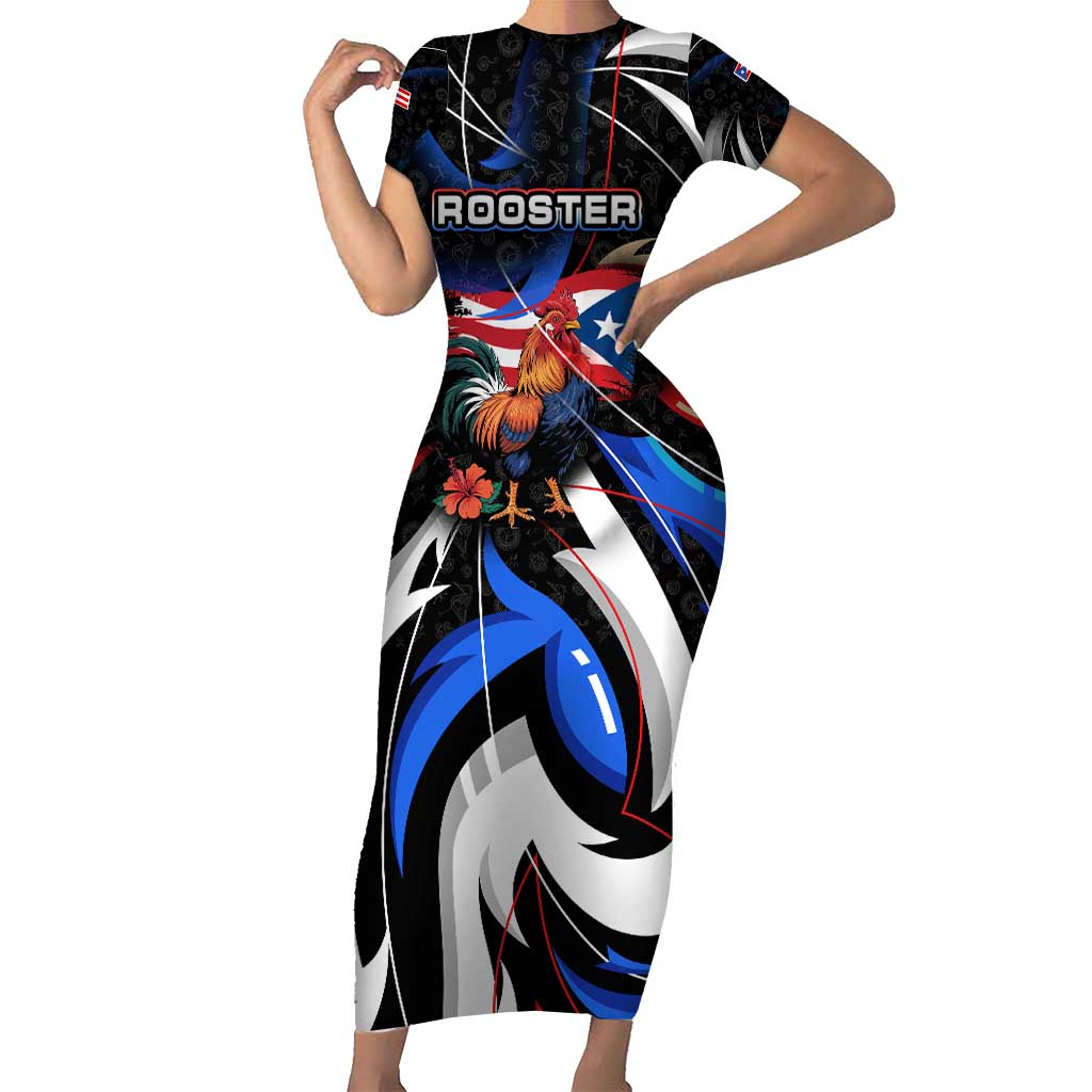 Puerto Rico Rooster Short Sleeve Bodycon Dress with Flag Design and Tropical Hibiscus Flowers