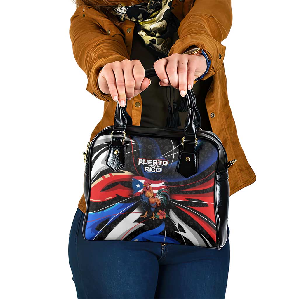Puerto Rico Rooster Shoulder Handbag with Flag Design and Tropical Hibiscus Flowers