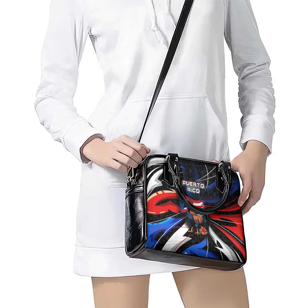 Puerto Rico Rooster Shoulder Handbag with Flag Design and Tropical Hibiscus Flowers