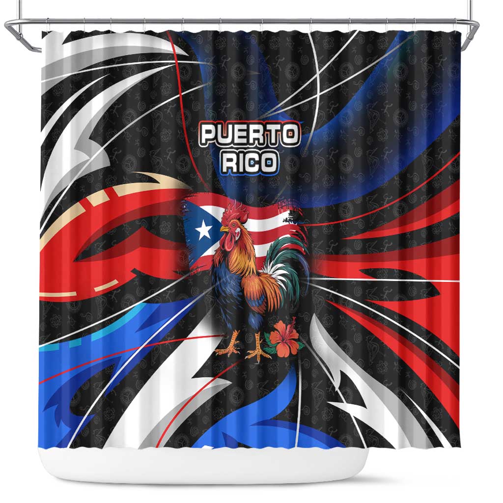 Puerto Rico Rooster Shower Curtain with Flag Design and Tropical Hibiscus Flowers
