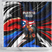 Puerto Rico Rooster Shower Curtain with Flag Design and Tropical Hibiscus Flowers