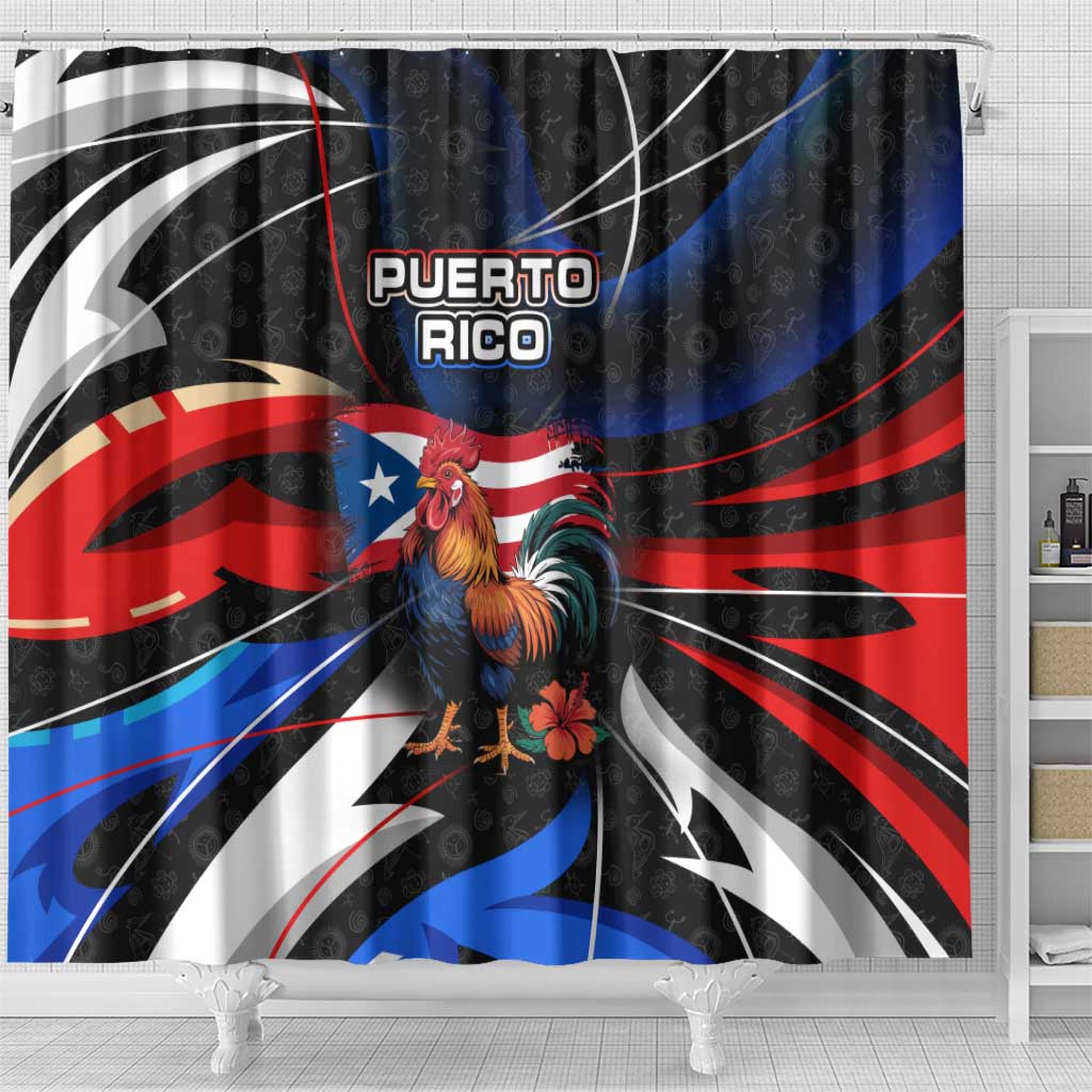 Puerto Rico Rooster Shower Curtain with Flag Design and Tropical Hibiscus Flowers