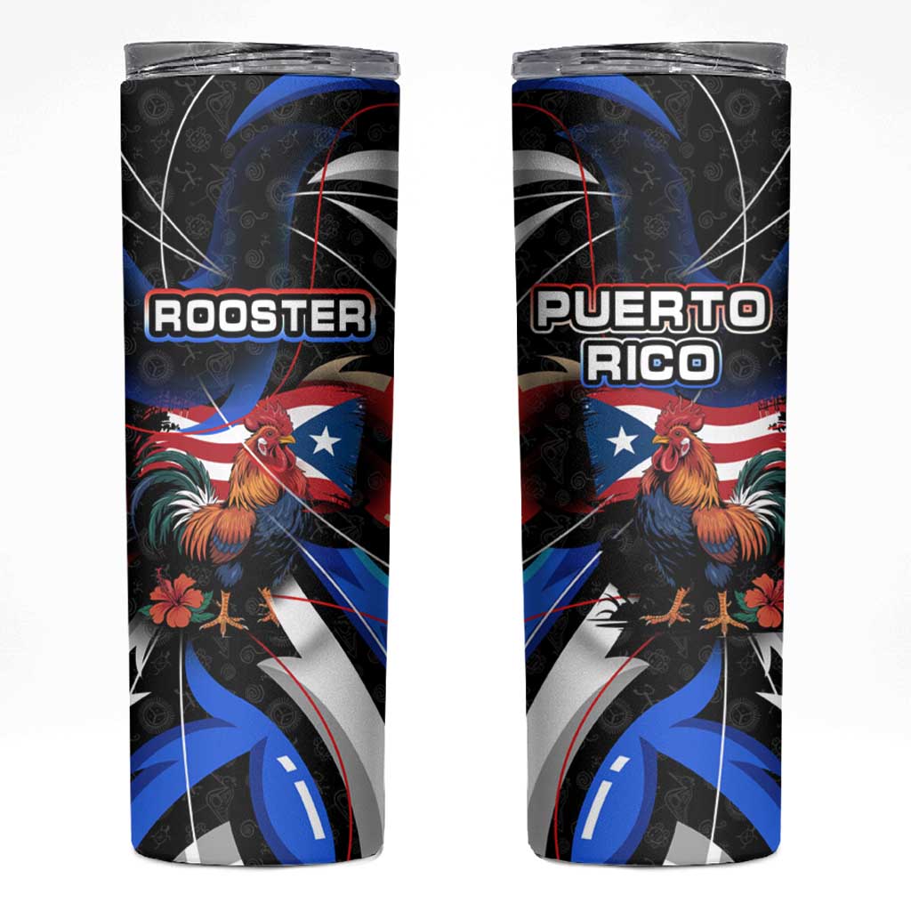 Puerto Rico Rooster Skinny Tumbler with Flag Design and Tropical Hibiscus Flowers