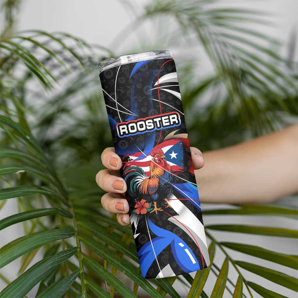 Puerto Rico Rooster Skinny Tumbler with Flag Design and Tropical Hibiscus Flowers