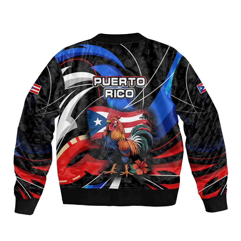 Puerto Rico Rooster Sleeve Zip Bomber Jacket with Flag Design and Tropical Hibiscus Flowers