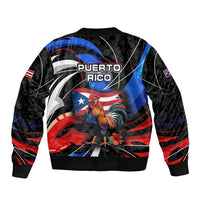 Puerto Rico Rooster Sleeve Zip Bomber Jacket with Flag Design and Tropical Hibiscus Flowers