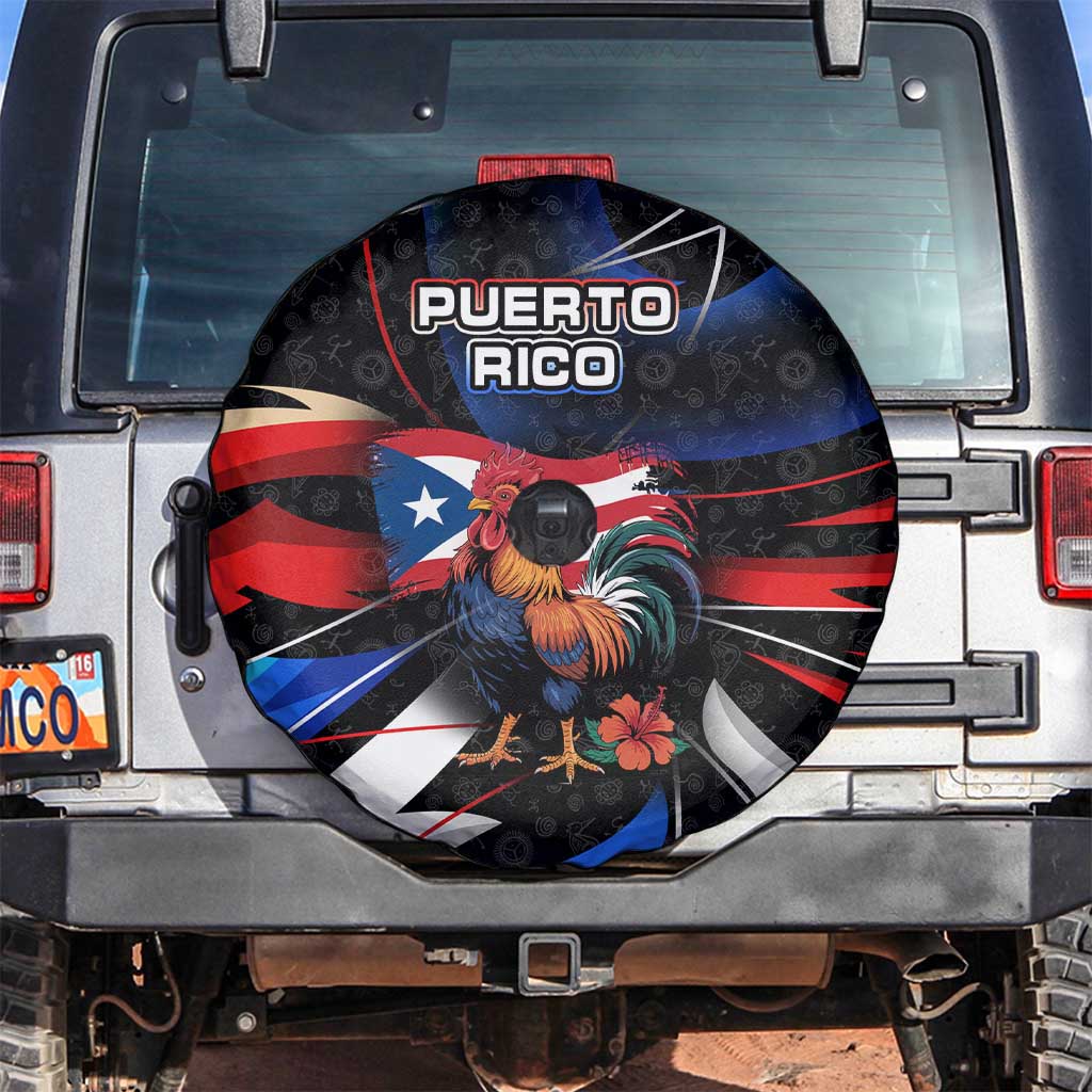 Puerto Rico Rooster Spare Tire Cover with Flag Design and Tropical Hibiscus Flowers