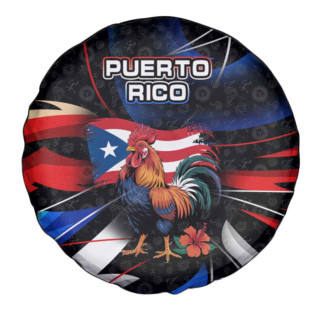 Puerto Rico Rooster Spare Tire Cover with Flag Design and Tropical Hibiscus Flowers