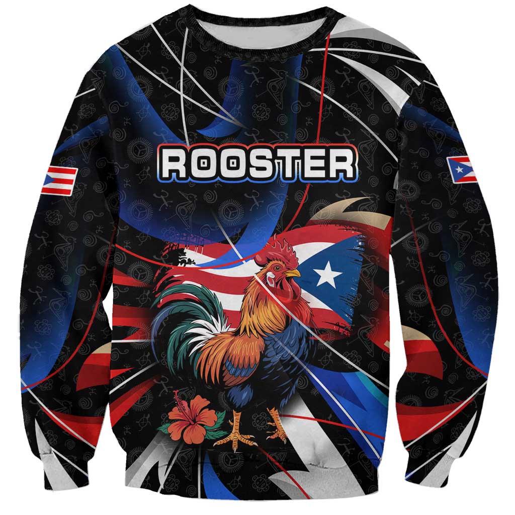 Puerto Rico Rooster Sweatshirt with Flag Design and Tropical Hibiscus Flowers