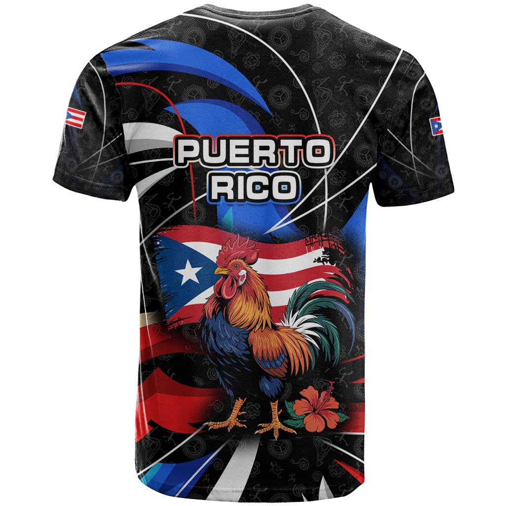 Puerto Rico Rooster T Shirt with Flag Design and Tropical Hibiscus Flowers