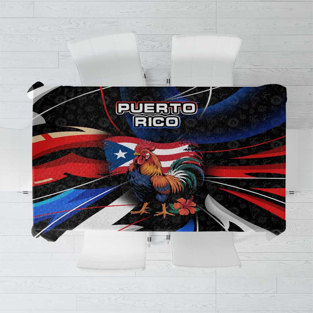 Puerto Rico Rooster Tablecloth with Flag Design and Tropical Hibiscus Flowers