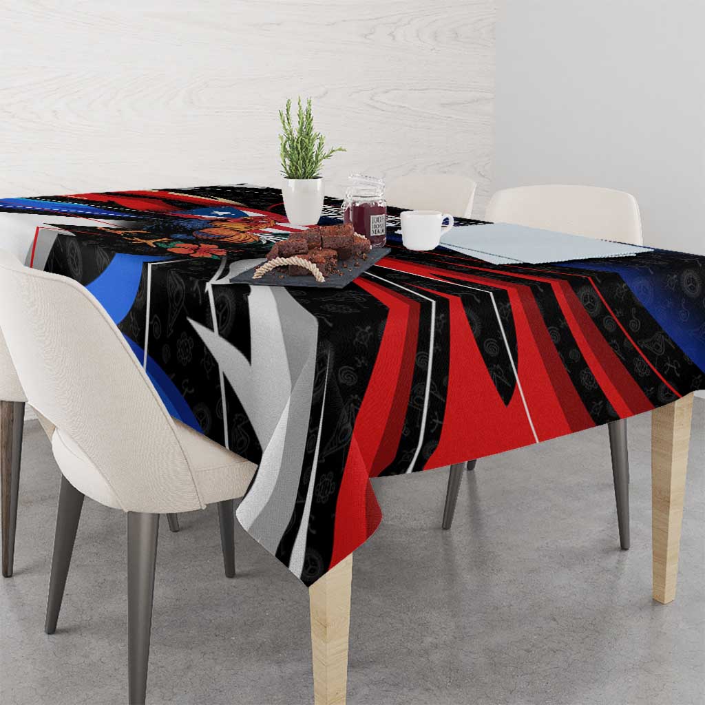 Puerto Rico Rooster Tablecloth with Flag Design and Tropical Hibiscus Flowers