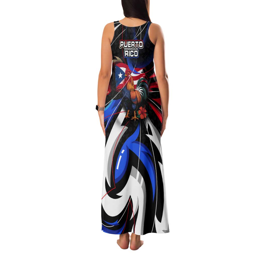 Puerto Rico Rooster Tank Maxi Dress with Flag Design and Tropical Hibiscus Flowers