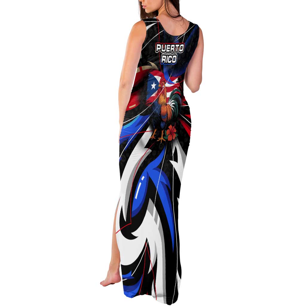 Puerto Rico Rooster Tank Maxi Dress with Flag Design and Tropical Hibiscus Flowers