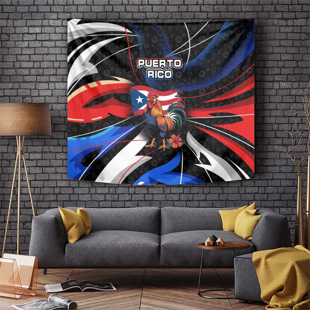 Puerto Rico Rooster Tapestry with Flag Design and Tropical Hibiscus Flowers