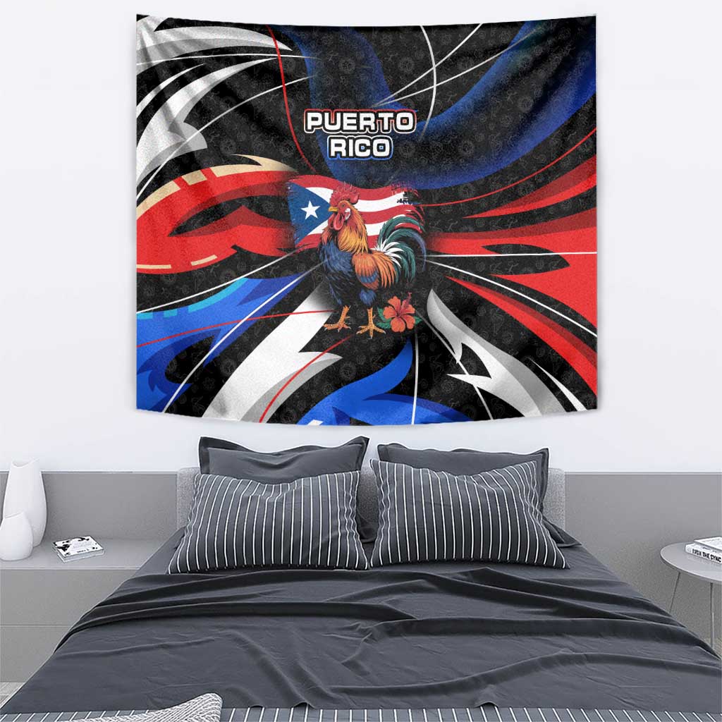 Puerto Rico Rooster Tapestry with Flag Design and Tropical Hibiscus Flowers
