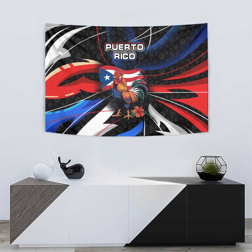 Puerto Rico Rooster Tapestry with Flag Design and Tropical Hibiscus Flowers