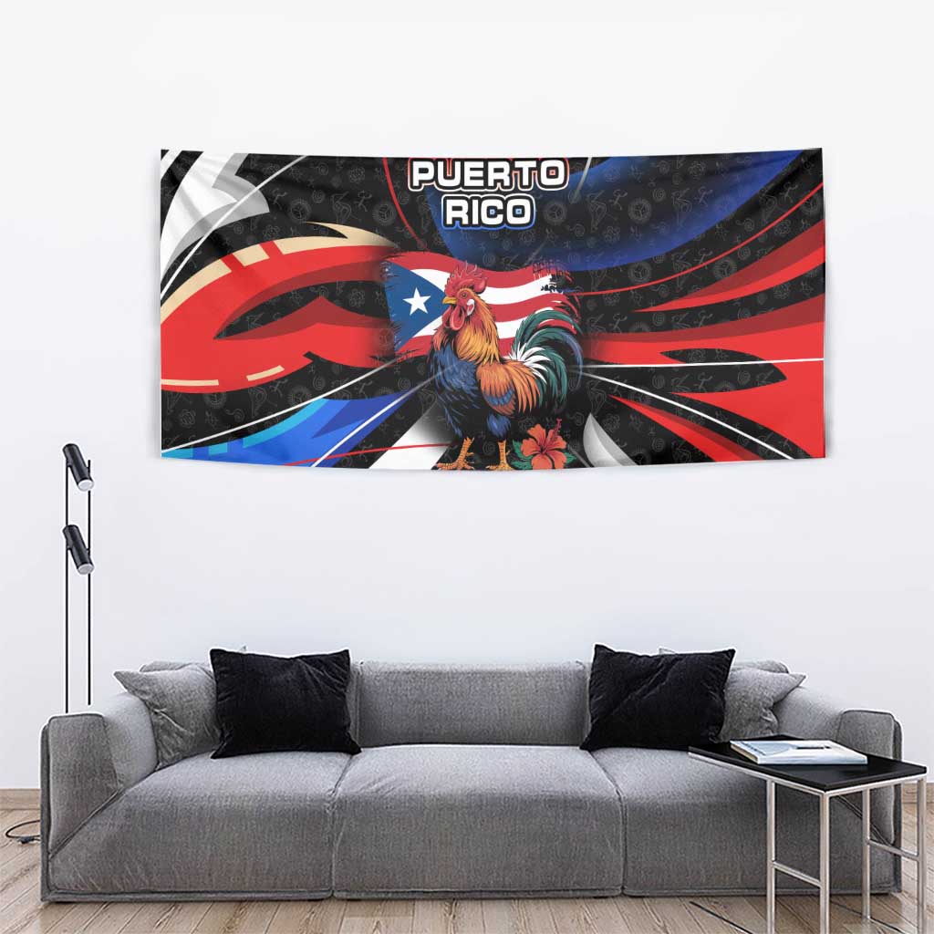 Puerto Rico Rooster Tapestry with Flag Design and Tropical Hibiscus Flowers