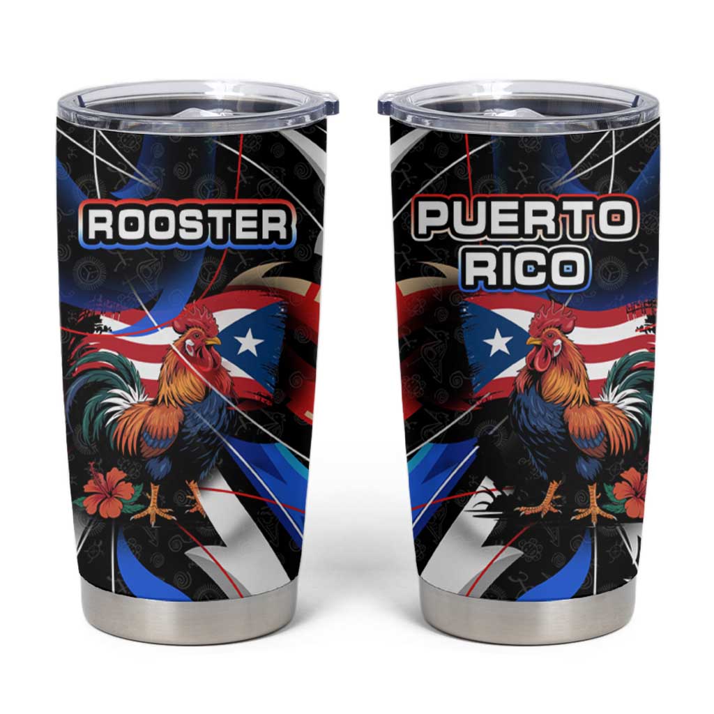 Puerto Rico Rooster Tumbler Cup with Flag Design and Tropical Hibiscus Flowers