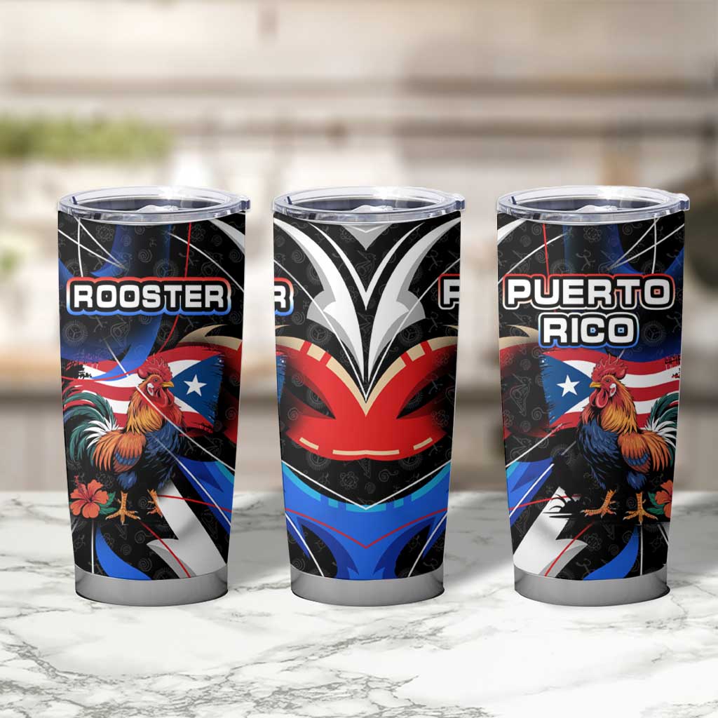 Puerto Rico Rooster Tumbler Cup with Flag Design and Tropical Hibiscus Flowers