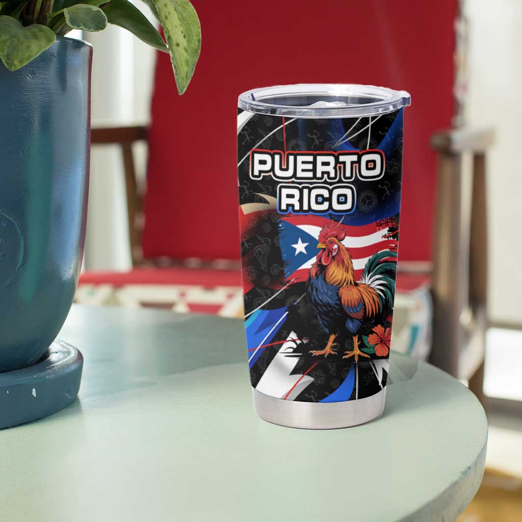 Puerto Rico Rooster Tumbler Cup with Flag Design and Tropical Hibiscus Flowers